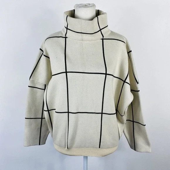 Chicwish Wool Blend Long Sleeve Grid Windowpane Turtleneck Sweater Cream Black - Picture 4 of 6